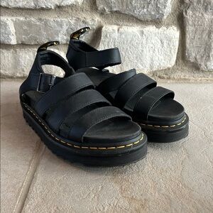 Dr. Martens Black Strappy Sandals with Yellow Stitching